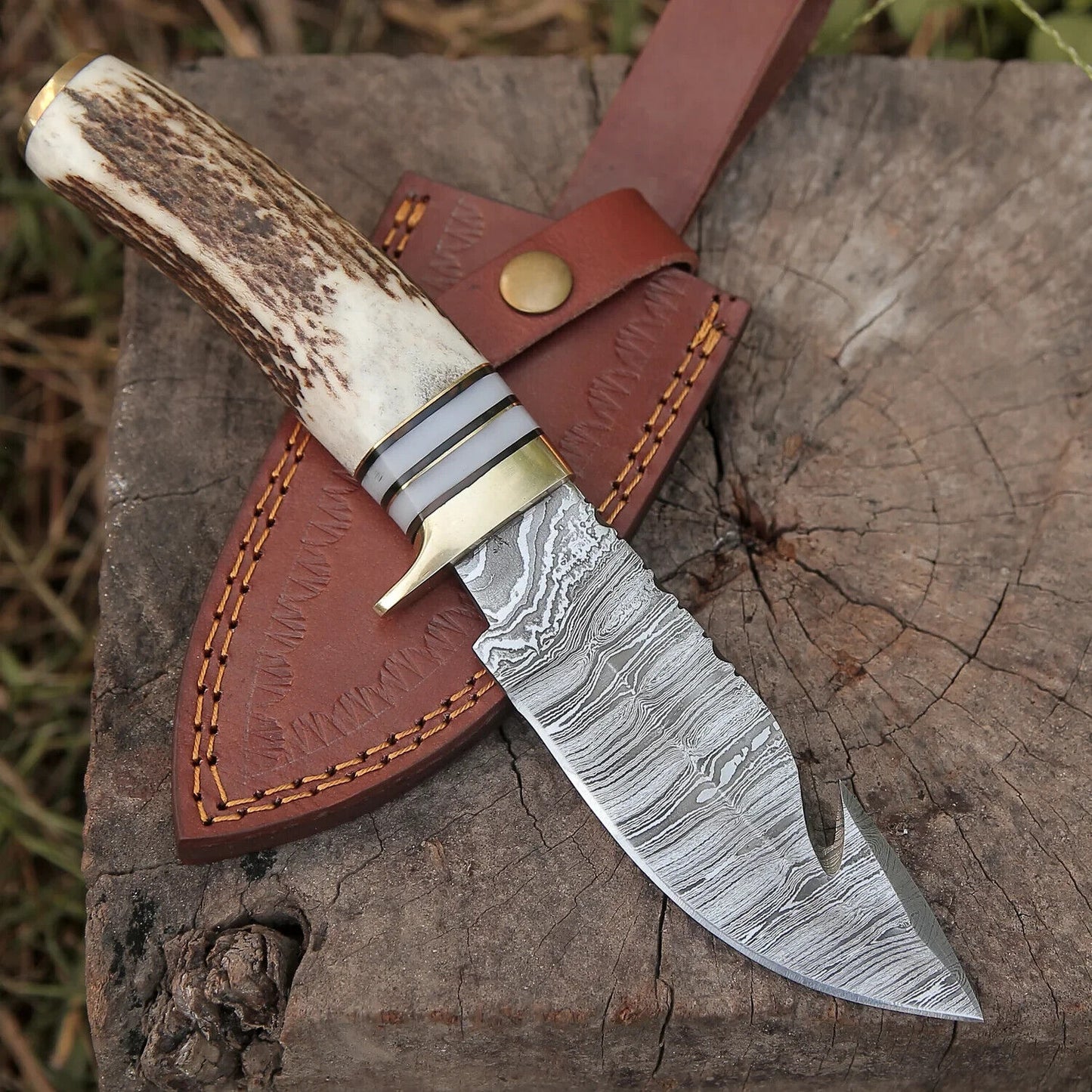 Gut Hook Hunting Knife EDC With Original Stag Handle With Leather Sheath Cover