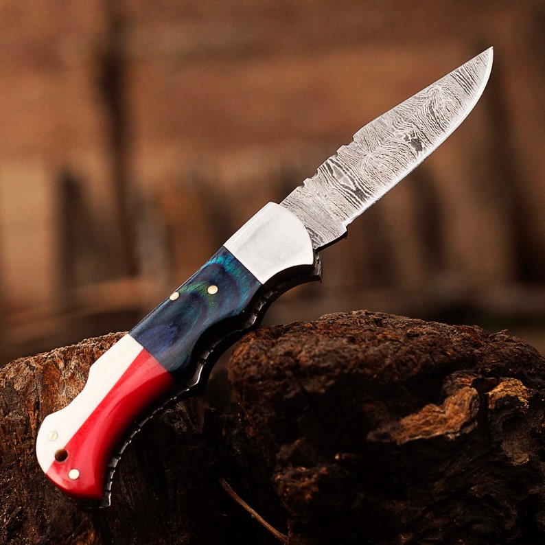 Texas Flag Handle Hand Forged Damascus Steel Folding Pocket Knife With Leather Sheath Cover