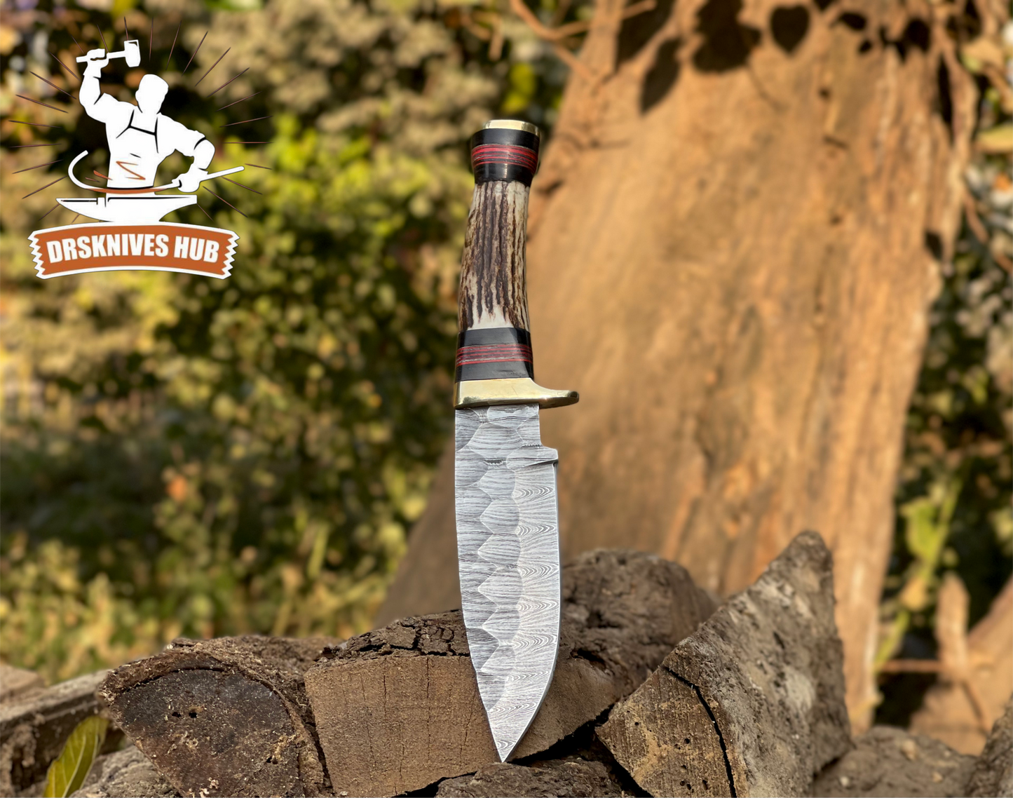 Handmade Damascus Hunting Knife – 10.5” Overall | Stag Antler Handle | Full Tang Outdoor Knife with Leather Sheath | DRSKNIVES HUB