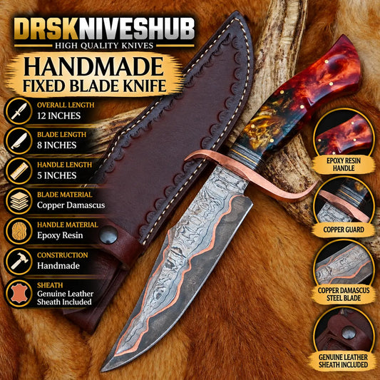 Handmade Copper Damascus Bowie Knife 12" | Epoxy Resin Handle & Leather Sheath DRSKNIVES HUB