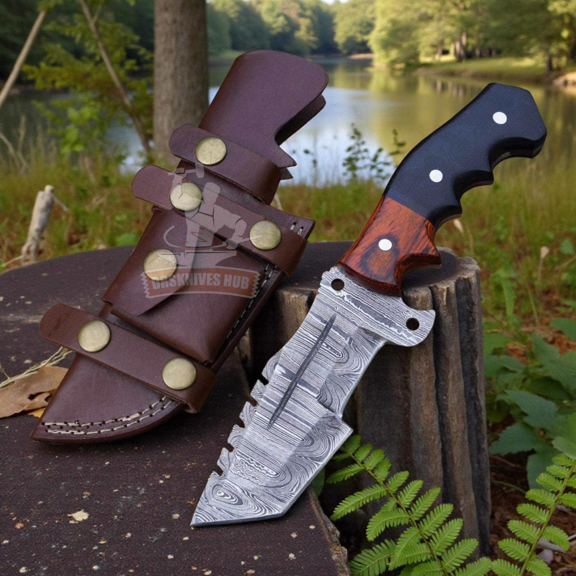 Explorer's Companion: 10” Damascus Steel Tracker Hunting Camping Knife With Resin & Wood Handle