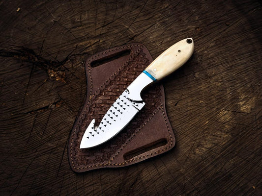 Hand Forged Stainless Steel Gut Hook Bull Cutter Knife Ram Handle