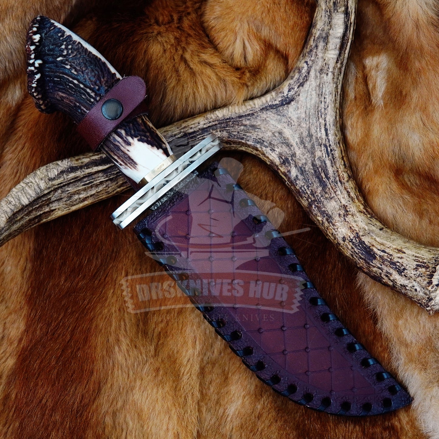 Handmade Copper Damascus Steel Bowie Knife 14" Stag Antler Hunting Knife with Leather Sheath | DRSKNIVES HUB