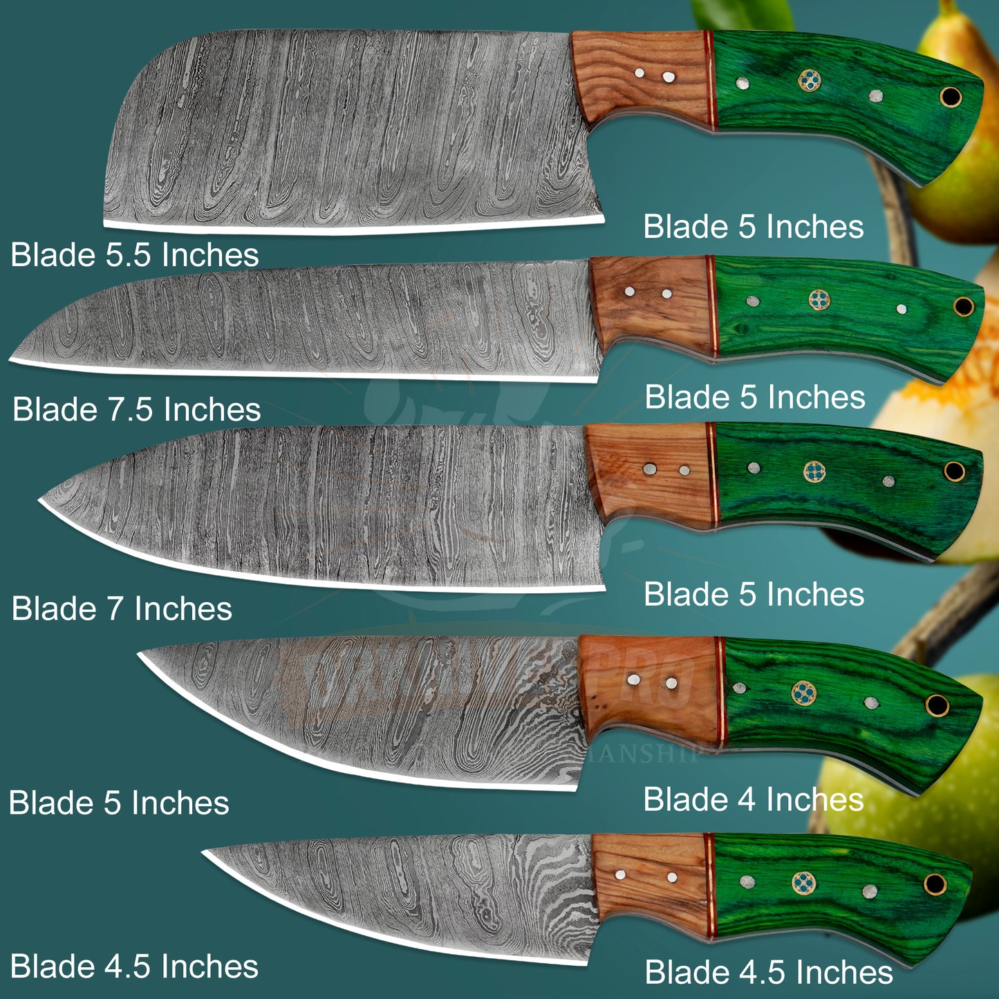 Handmade Damascus Steel Chef Knife Set – 5 Piece Green Wood Handle 