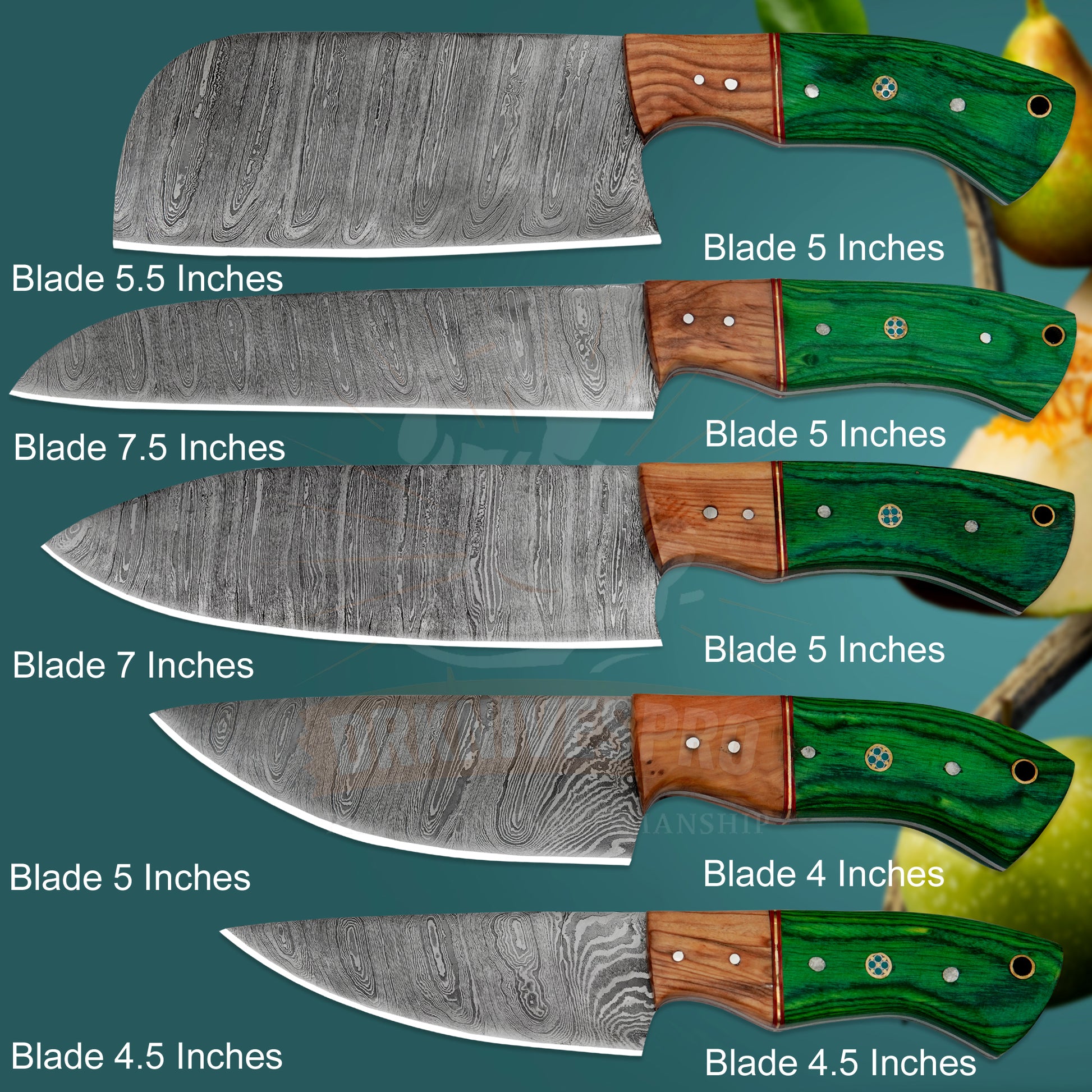 Handmade Damascus Steel Chef Knife Set – 5 Piece Green Wood Handle 