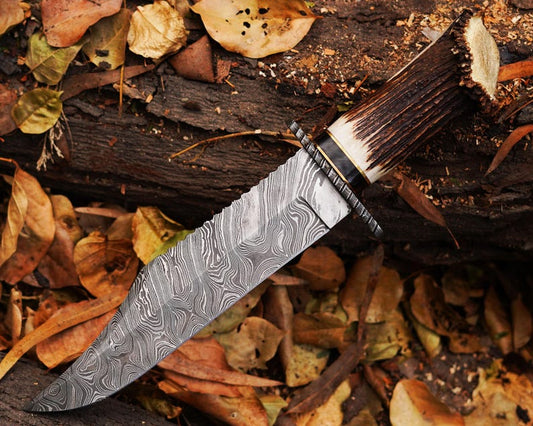 Bowie Knife With Stag Handle Custom Handmade Damascus Steel Blade Outdoor , Bowie, Camping knife With Leather Sheath Cover