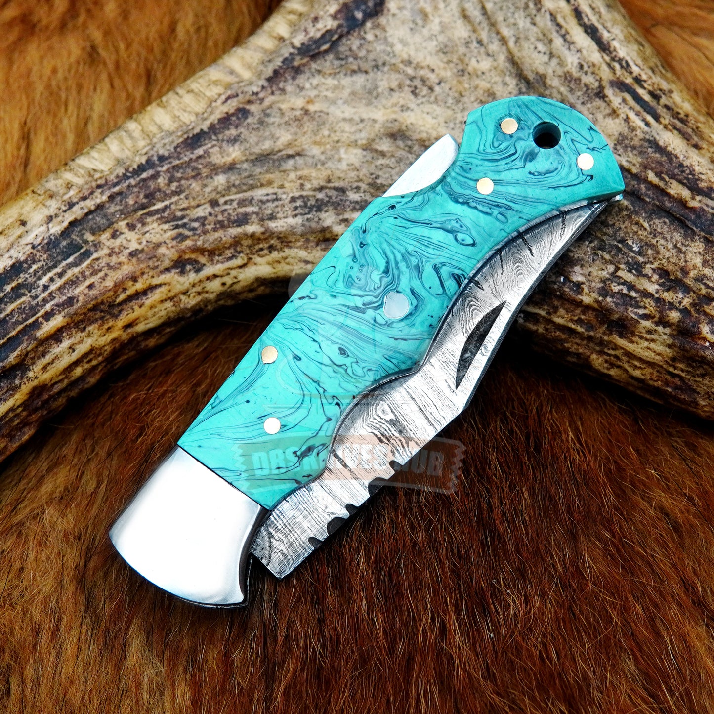 Damascus Folding Knife 7" – Turquoise Resin Handle Groomsman Gift | DRSKNIVES HUB