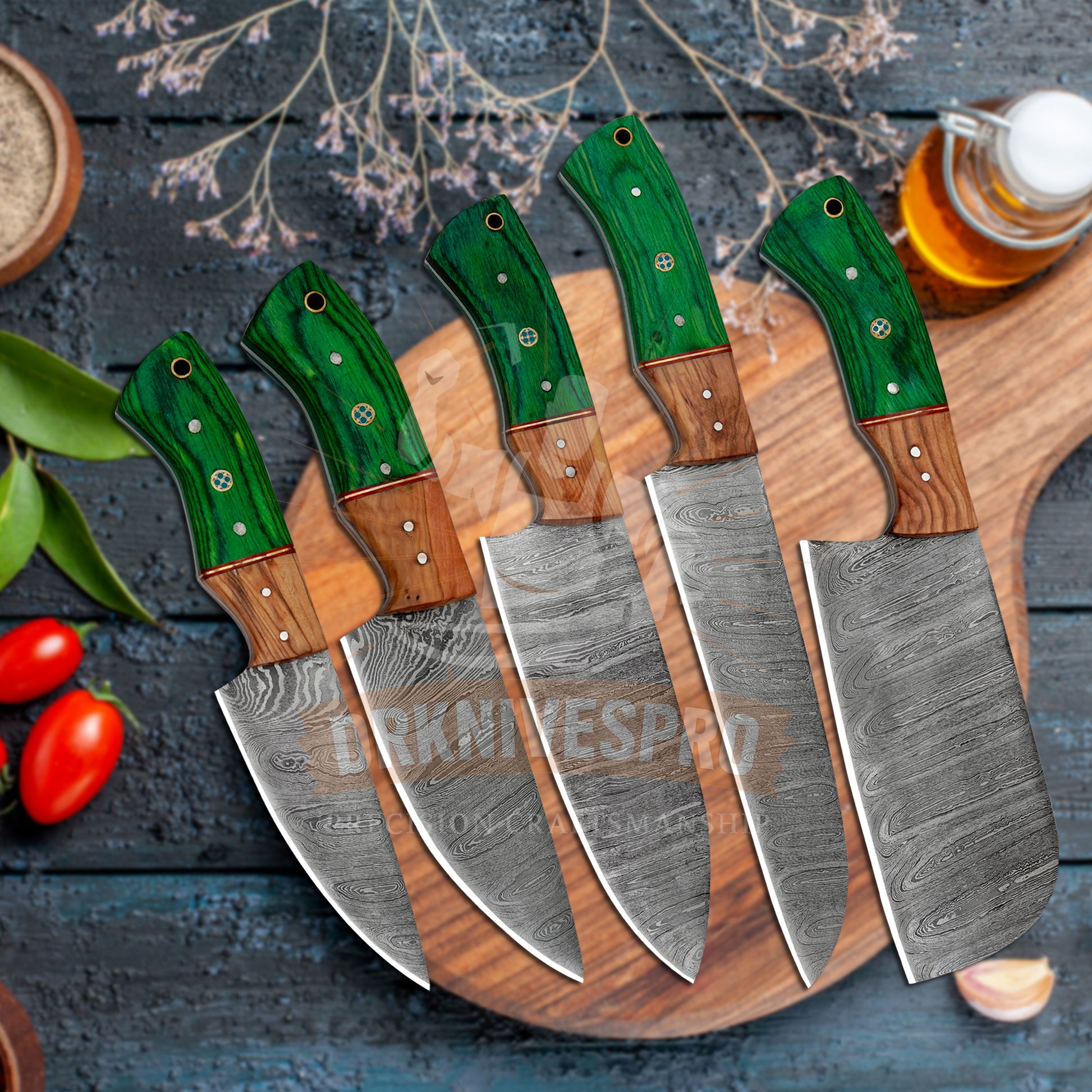 Handmade Damascus Steel Chef Knife Set – 5 Piece Green Wood Handle 