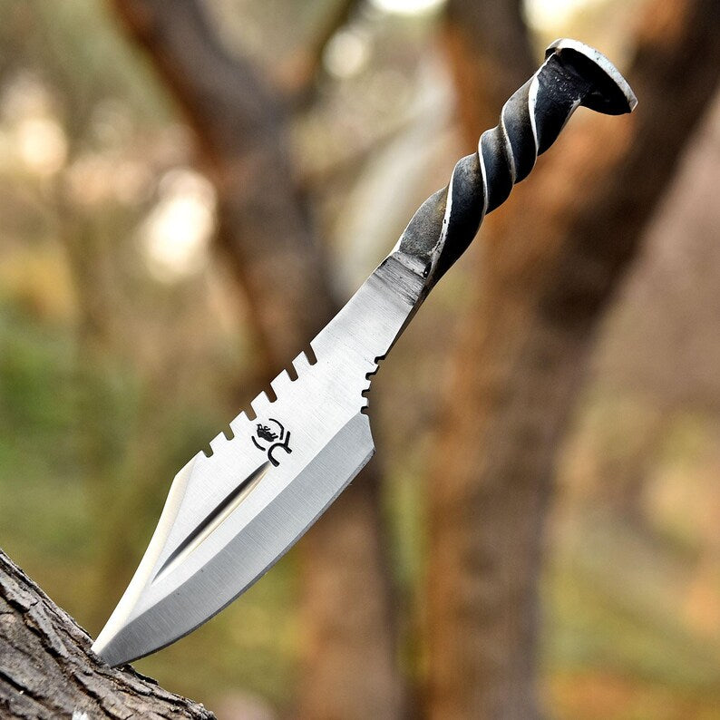 Hand-Forged viking Railroad Spike Art with Twisted Handle knife With Leather Sheath Cover