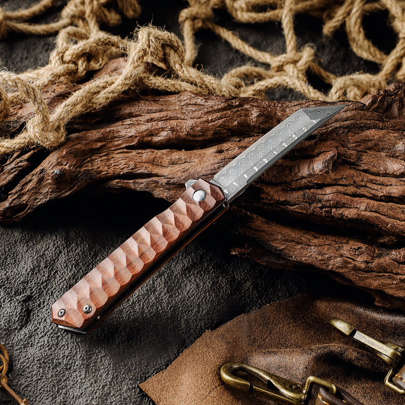 Handmade Tanto Folding Knife with Exotic Rose Wood Handle