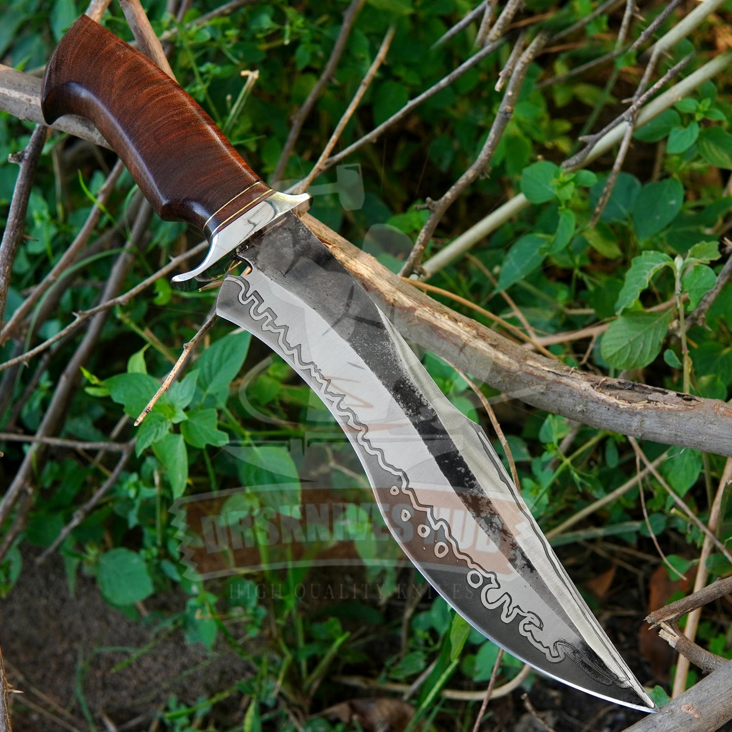 Handmade D2 Steel Bowie Knife: Walnut Handle, Leather Sheath | DRSKNIVES HUB