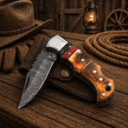 Damascus Folding Pocket Knife – Burnt Camel Bone Handle | DRSKNIVES HUB
