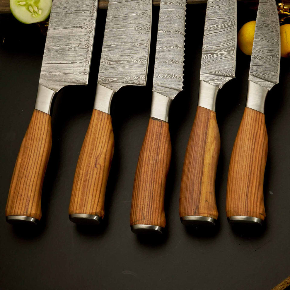 Premium 5-Piece Damascus Steel Kitchen Knife Set with Leather Roll