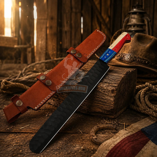 Brisket knife  – Carbon Steel Blade Chef Knife Texas Flag Handle With Leather Sheath Cover