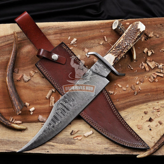 Hand Forged Damascus Steel Blade Juan Padillo Bowie knife Antler Handle