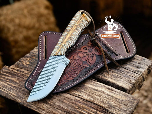 Handmade Ranch Cowboy Rasp Steel Knife – Pine-Cone Handle With Leather Sheath