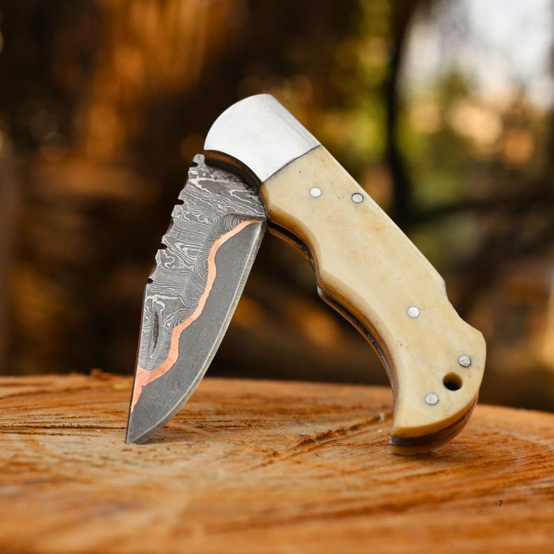 Pocket Folding Knife Handmade Damascus Steel Folding Pocket Knife Camel Bone Handle