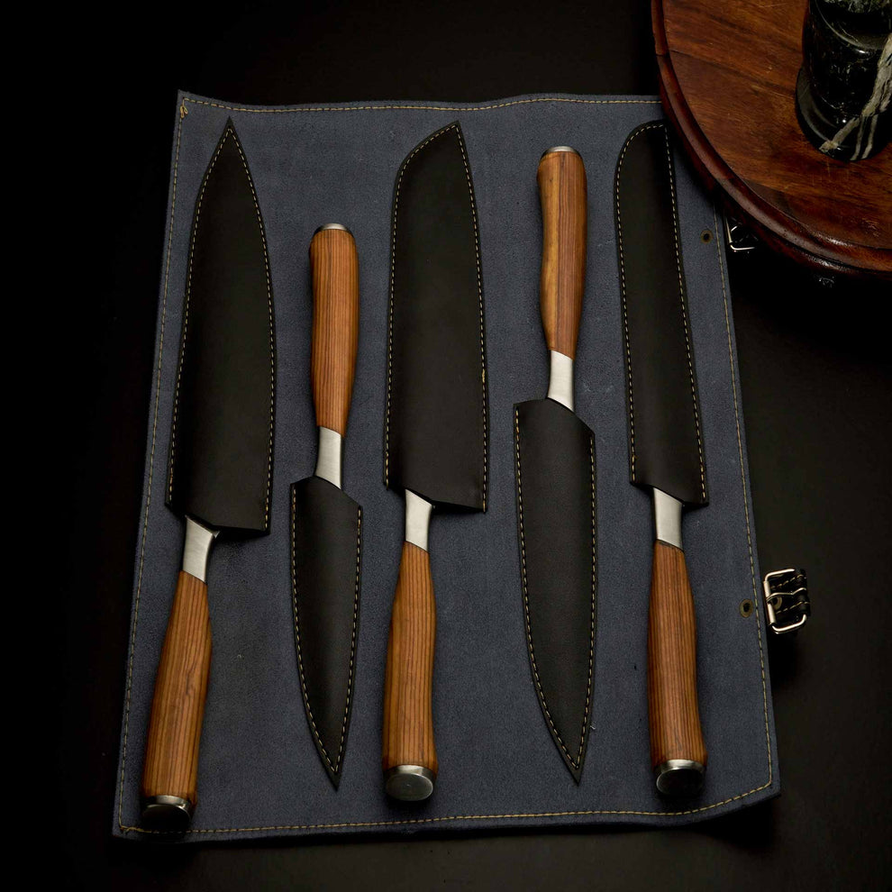 Premium 5-Piece Damascus Steel Kitchen Knife Set with Leather Roll