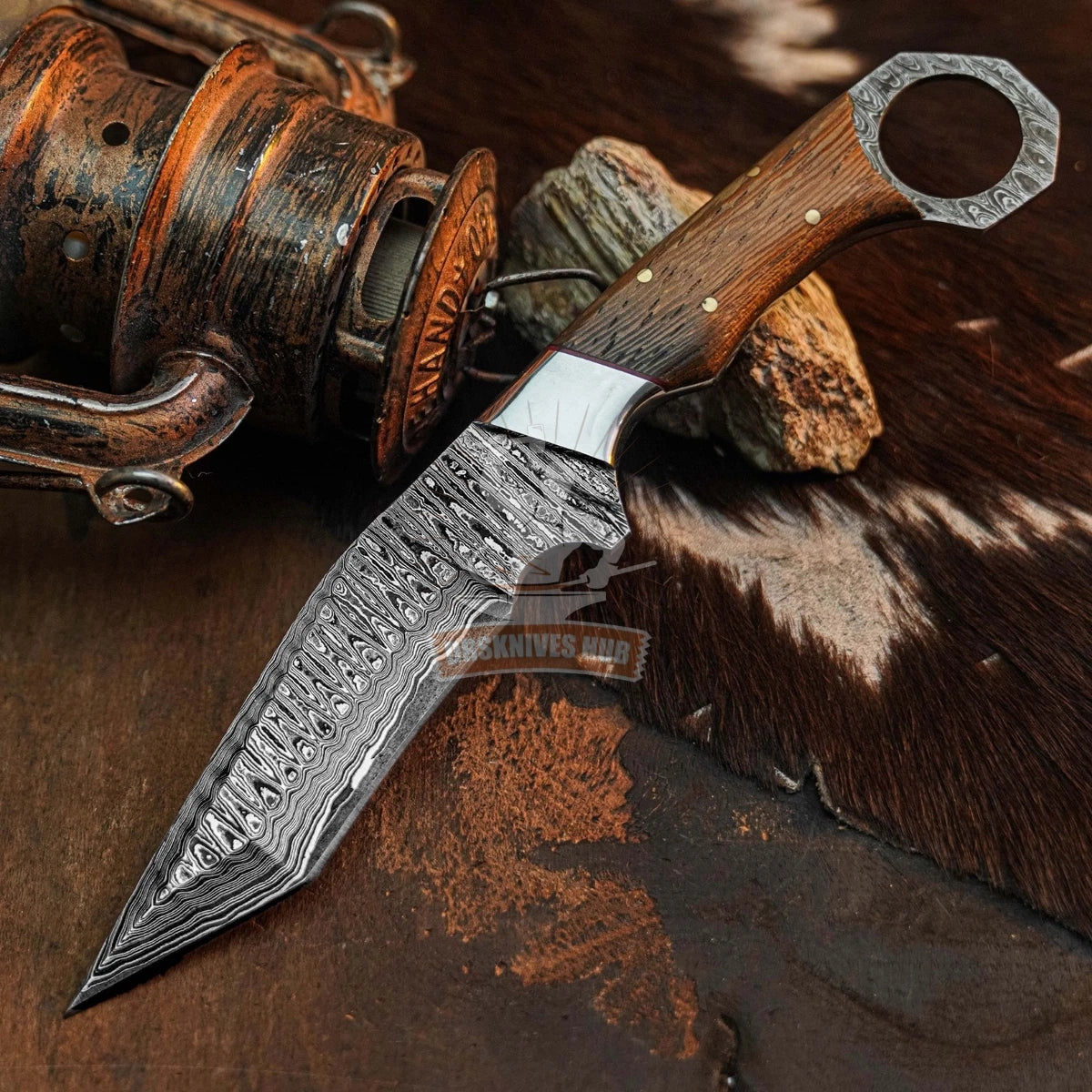 9.7" inch Damascus Tactical Knife Full Tang wood Handle Blade Leather Sheath