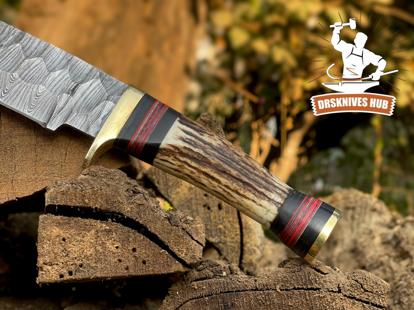 Handmade Damascus Hunting Knife – 10.5” Overall | Stag Antler Handle | Full Tang Outdoor Knife with Leather Sheath | DRSKNIVES HUB