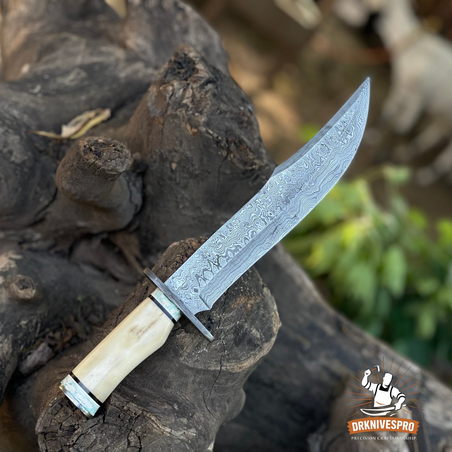 Damascus Steel Bowie Knife with Bone Handle - Handcrafted Edc knife | DRSKNIVES HUB