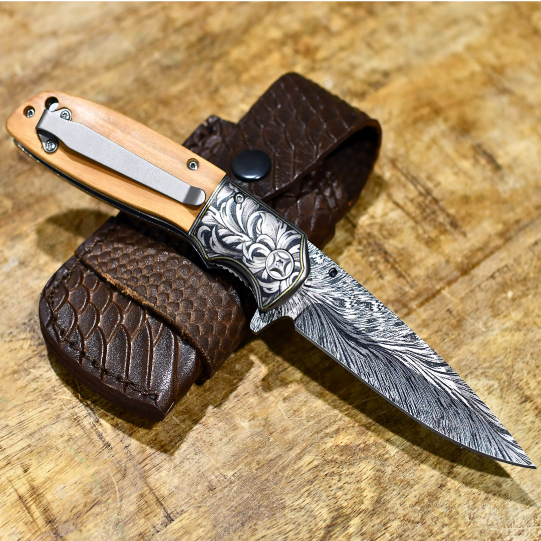 Damascus Pattern Pocket Knife with Exotic Olive Wood Handle