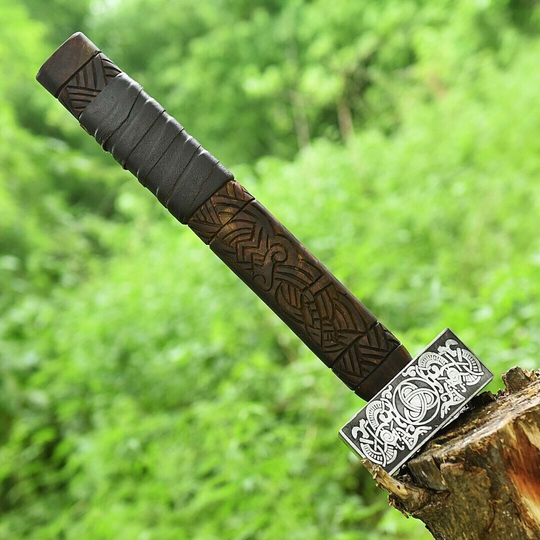 Viking Battle Hammer Engrave Wood Handle Medieval War Hammer