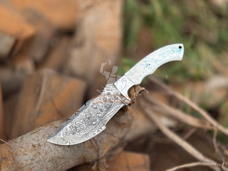 Damascus Steel Tracker Knife - Handmade knife with Resin Handle & Leather Cover | DRSKNIVES HUB