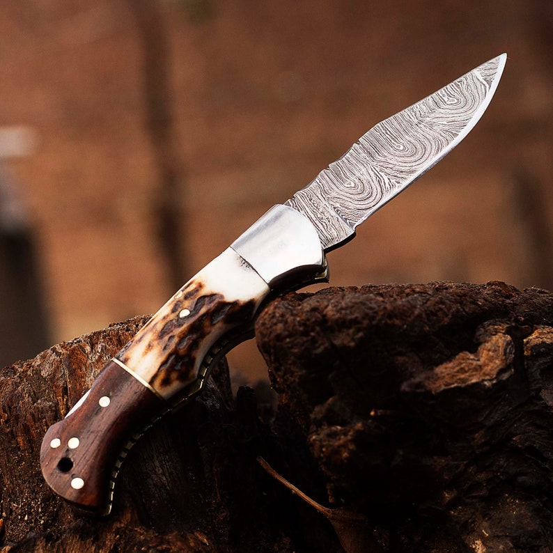 Stag Horn Handle Beautiful Handmade Damascus Steel Blade Folding Pocket Knife With Leather Sheath Cover