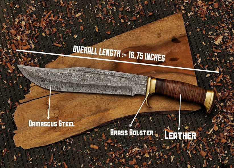 Bowie Knife With Leather Sheath Cover Custom Handmade Damascus Steel Blade Outdoor, Bowie knife