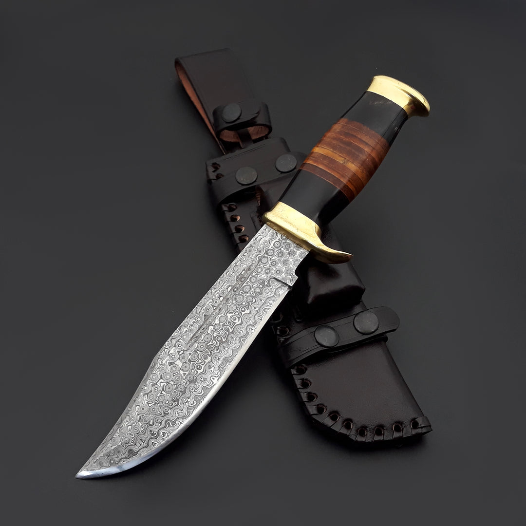 Custom Bowie Knife with Bull Horn & Stacked Leather Handle