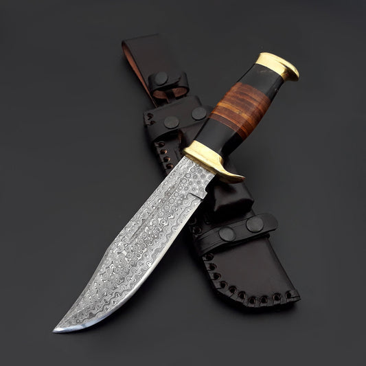 Custom Bowie Knife with Bull Horn & Stacked Leather Handle
