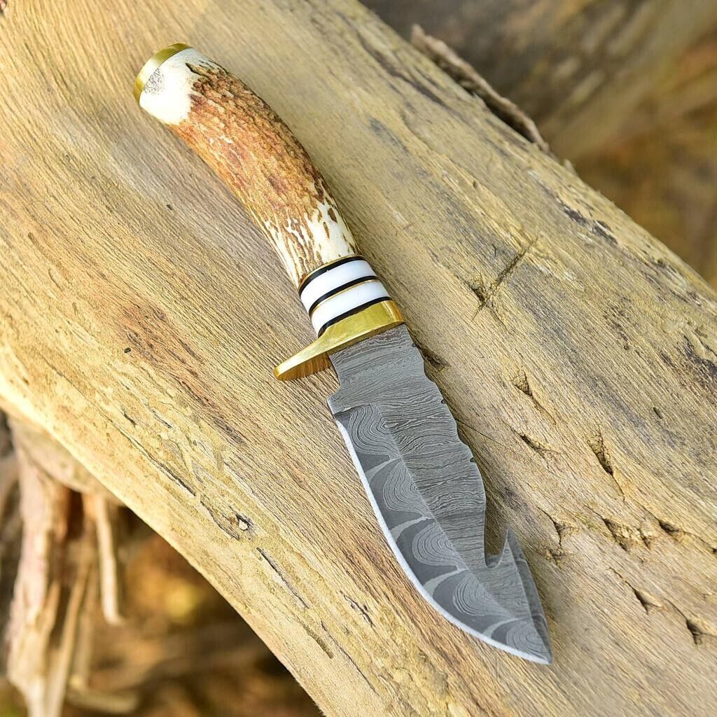 Antler Horn Handle Beautiful Handmade Damascus Steel Gut Hook knife With Leather Sheath Cover