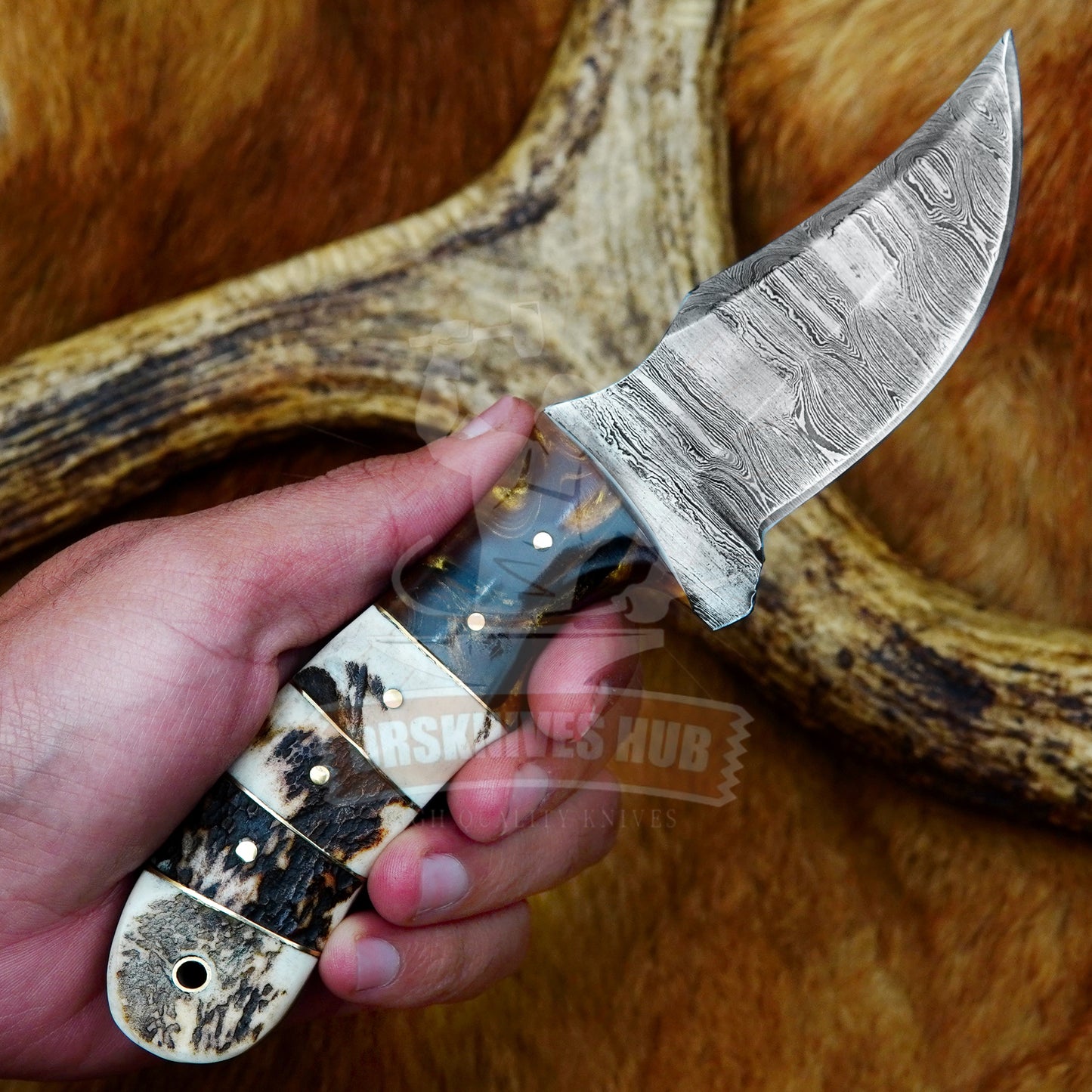 7” Fixed Blade Hunting Skinning knife with Stag Handle & Leather Sheath – Artisan Gift