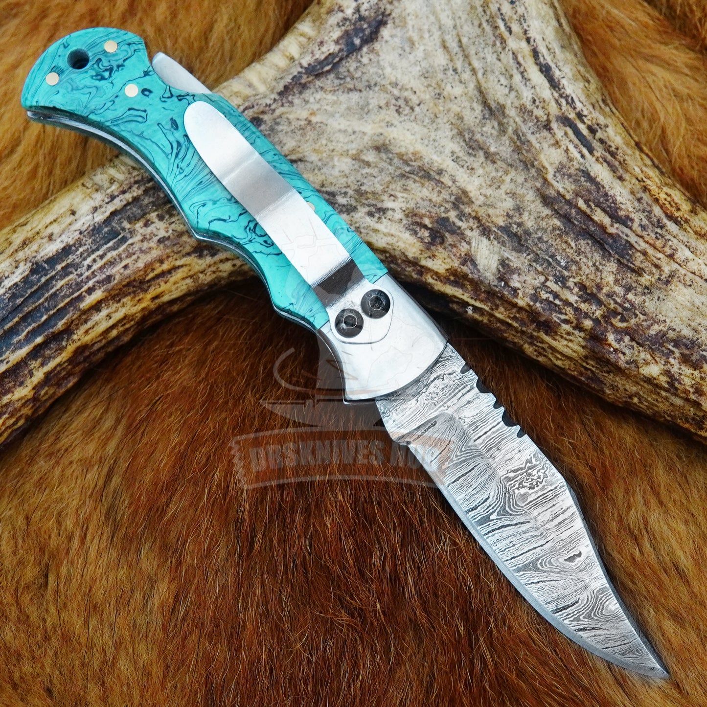 Damascus Folding Knife 7" – Turquoise Resin Handle Groomsman Gift | DRSKNIVES HUB