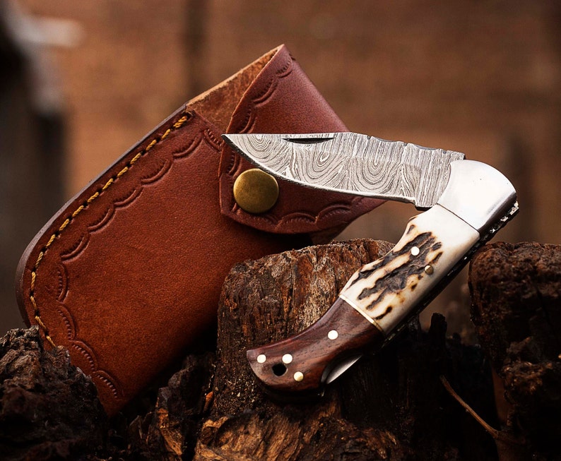 Stag Horn Handle Beautiful Handmade Damascus Steel Blade Folding Pocket Knife With Leather Sheath Cover