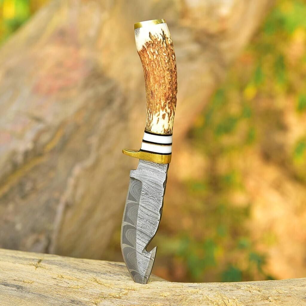 Antler Horn Handle Beautiful Handmade Damascus Steel Gut Hook knife With Leather Sheath Cover