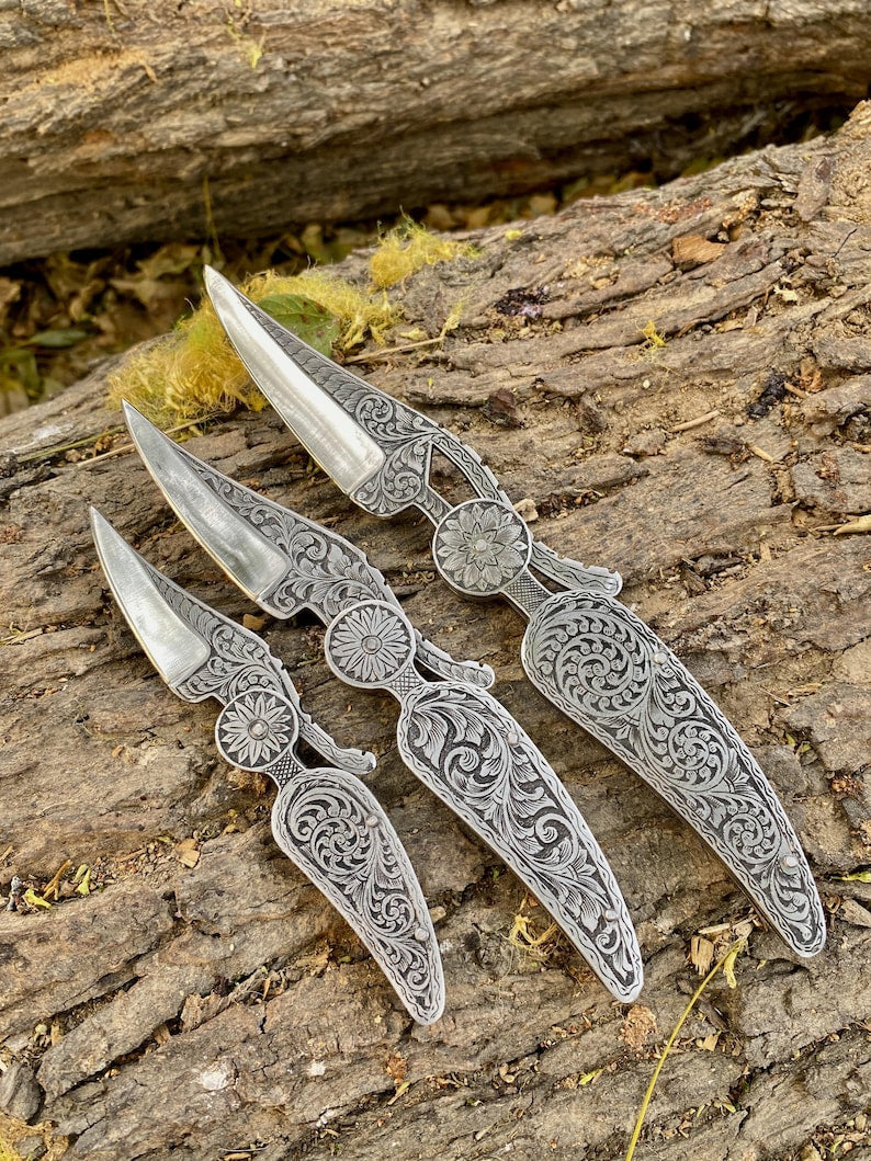 CUSTOM HANDMADE ENGRAVED POCKET KNIFE 3PCS EVERYDAY CARRY KNIFE