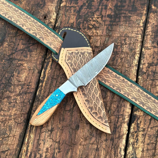 Damascus Skinner Knife – Turquoise Stone & Wood Handle with Leather Sheath