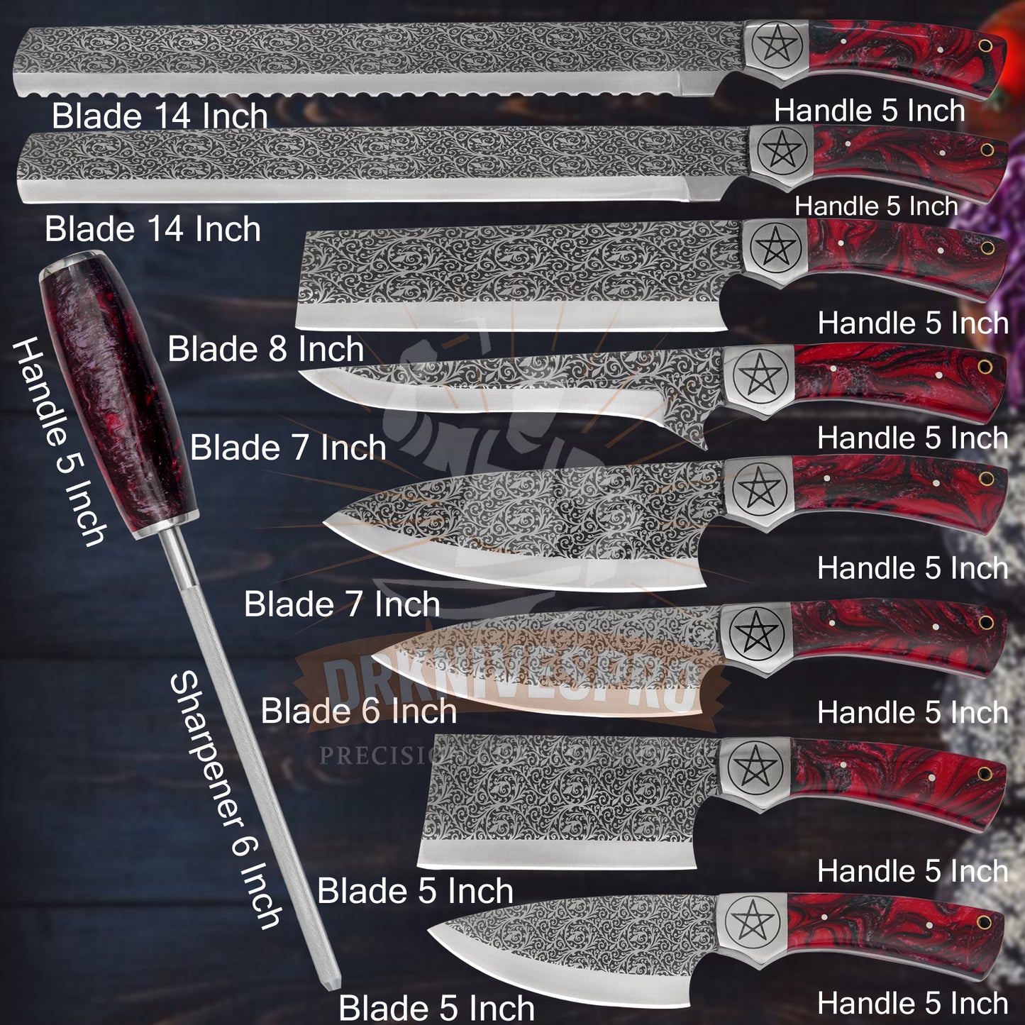 9 PCS Handmade Etching Chef Set with Leather Roll Kit Bag |DRSKNIVES HUB