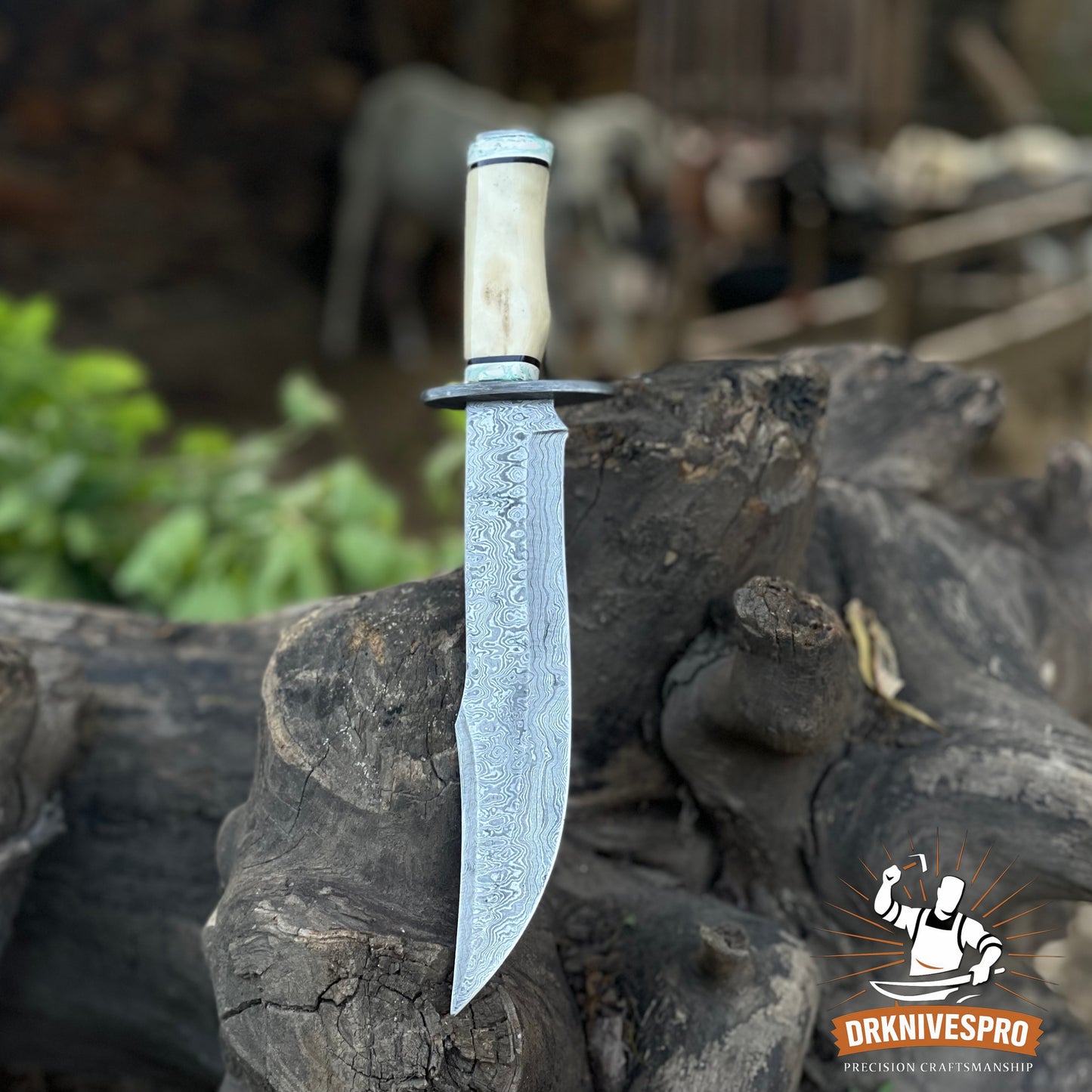 Damascus Steel Bowie Knife with Bone Handle - Handcrafted Edc knife | DRSKNIVES HUB