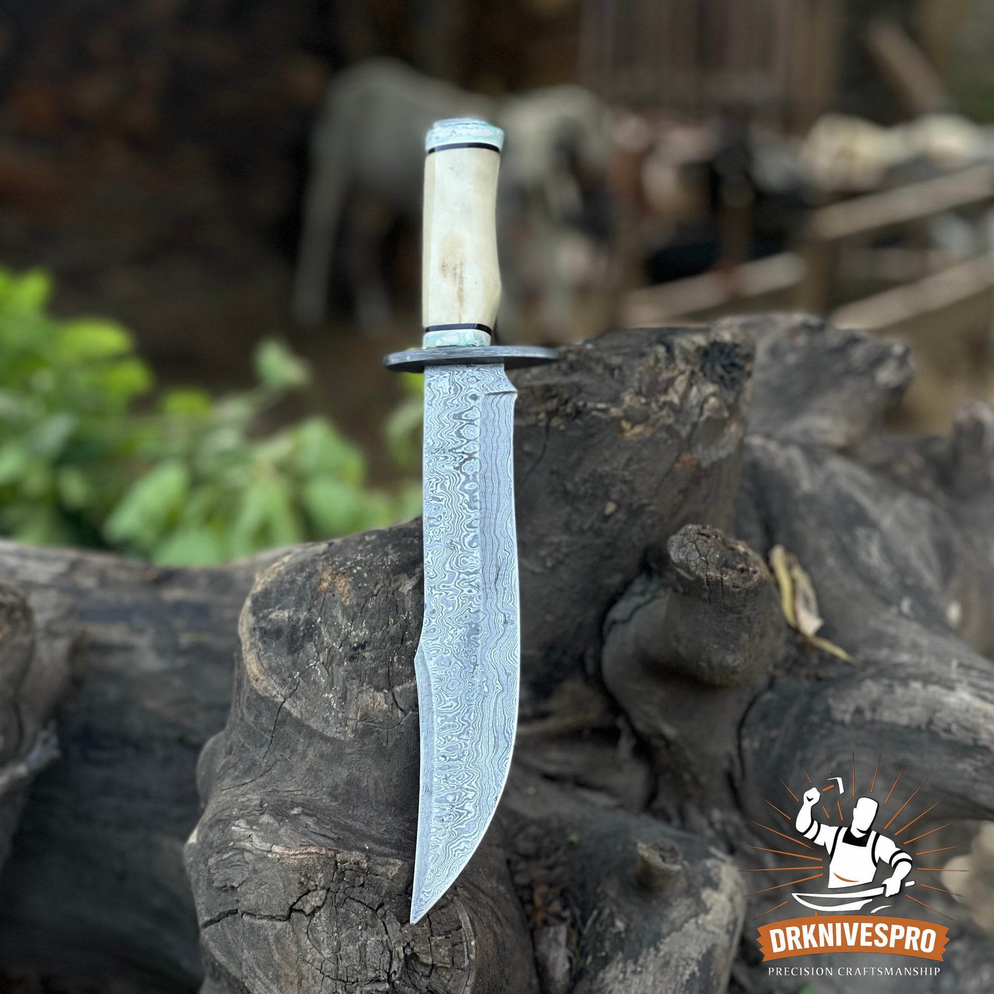 Damascus Steel Bowie Knife with Bone Handle - Handcrafted Edc knife | DRSKNIVES HUB