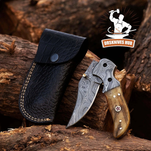 Ram Horn Handle Beautiful Handmade Damascus Steel Blade Folding Pocket Knife With Leather Sheath Cover