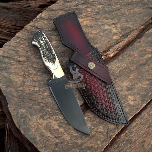 Personalized Stag Handle Hunting Knife: Black Carbon Steel Blade, Leather Sheath