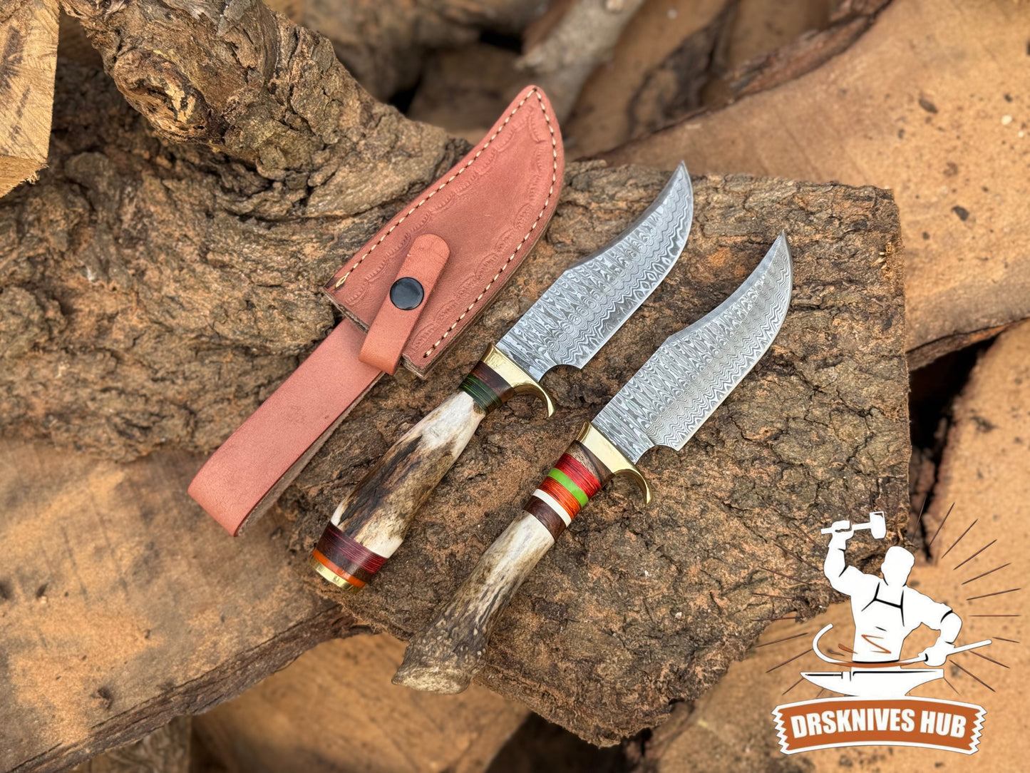 Handmade 10” Damascus Knife Set with Stag Handles & Leather Sheaths | DRSKNIVES HUB