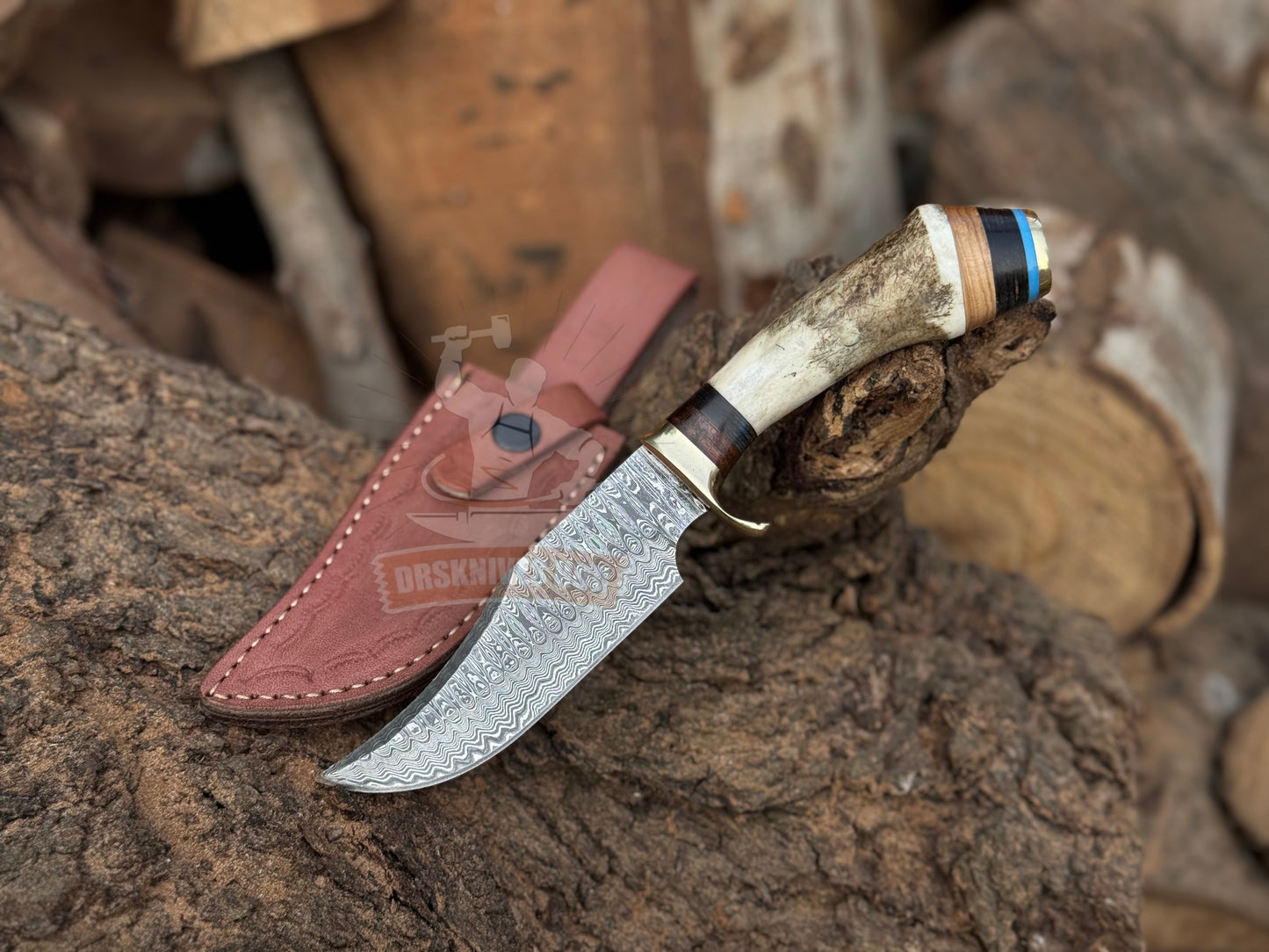 Hand-Forged Damascus Steel Knife – Premium Craftsmanship with Stag & Wood Handle | DRSKNIVES HUB