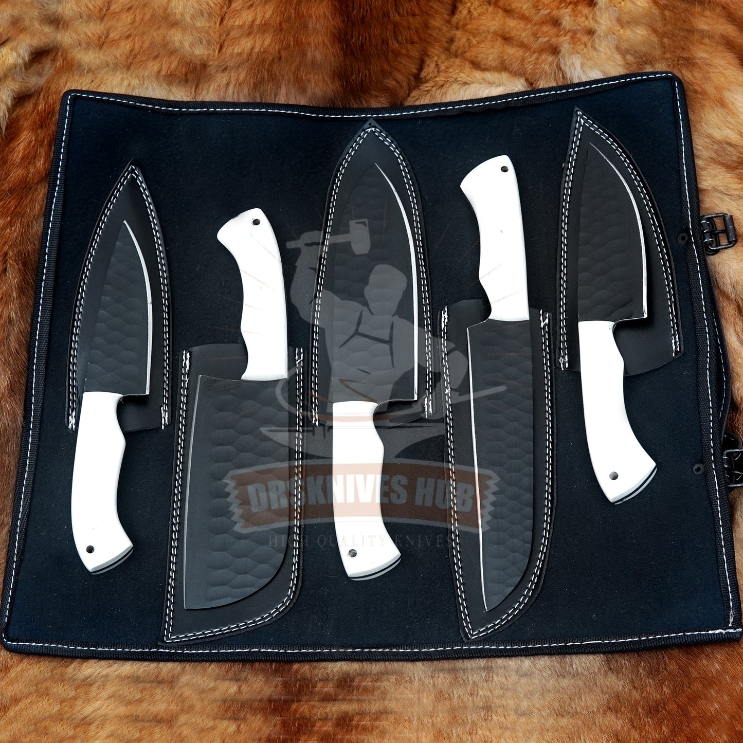 Hand Forged High Carbon Steel Chef Knife Set: Black Blade, Resin Handle, Leather Case | DRSKNIVES HUB