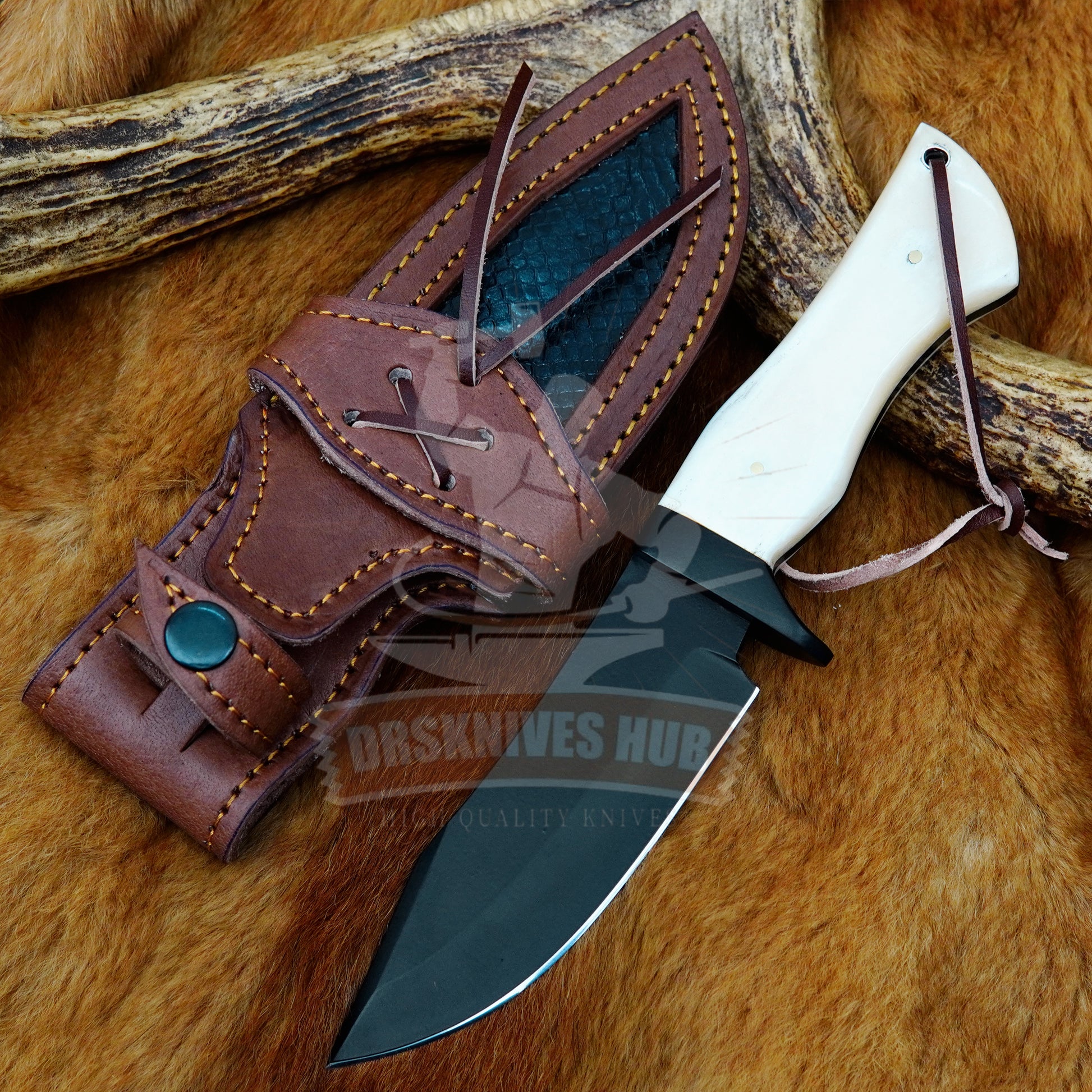Carbon Steel Hunting Knife 10" – Bone Handle with Leather Sheath | DRSKNIVES HUB
