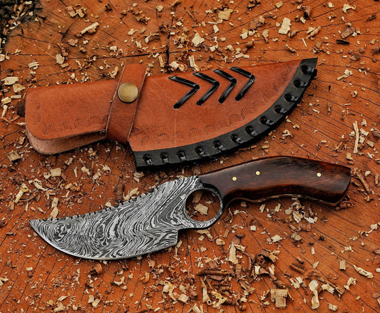 Unique Handcrafted Damascus steel Skinner Knife with Rose Wood Handle
