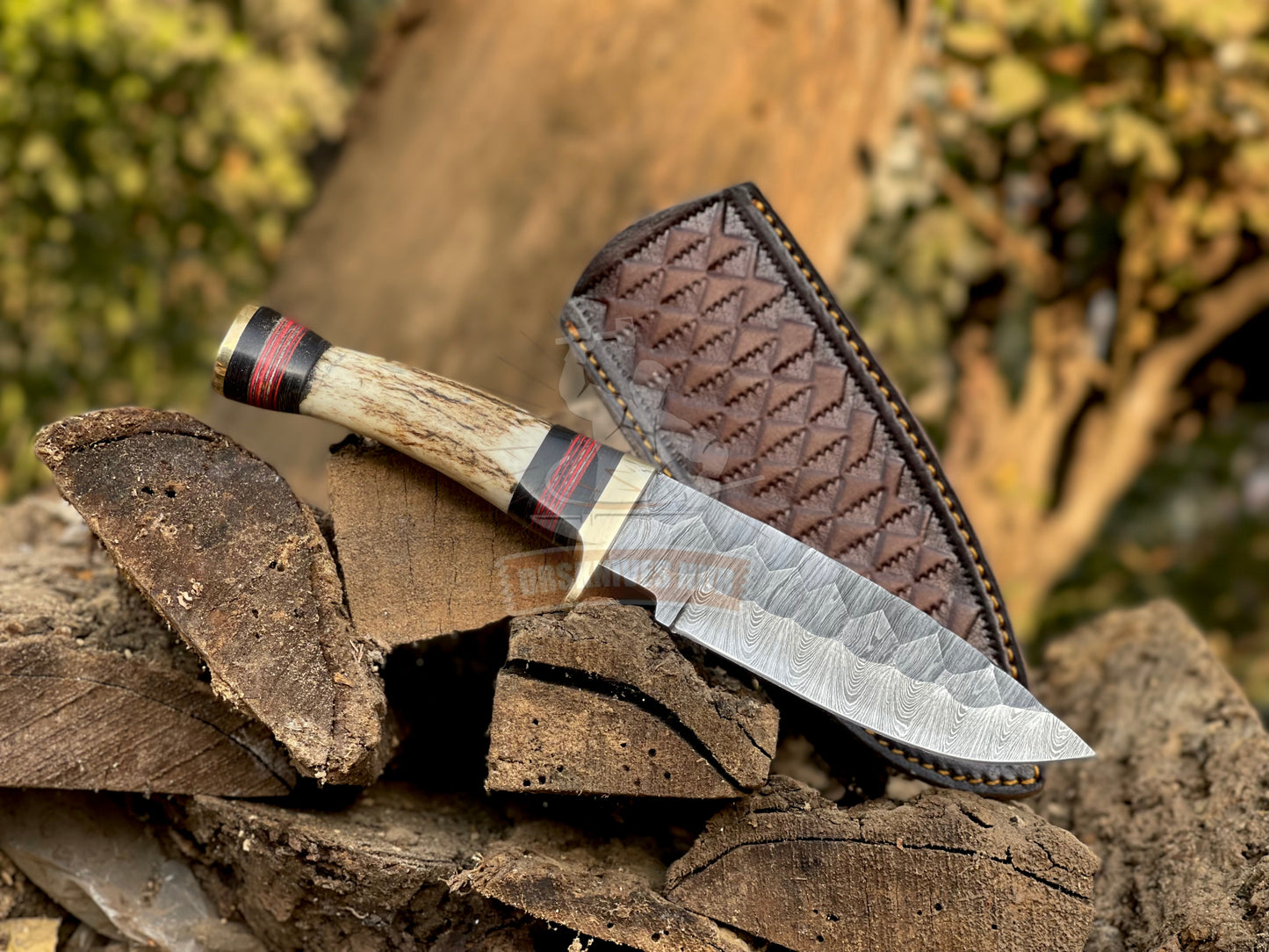 Handmade Damascus Hunting Knife – 10.5” Overall | Stag Antler Handle | Full Tang Outdoor Knife with Leather Sheath | DRSKNIVES HUB